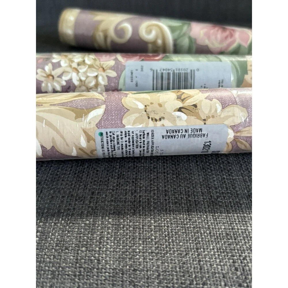 VTG Sunworthy Wallpaper Border 3 Rolls Floral w/ Scroll Pink Mauve Gold Cottage